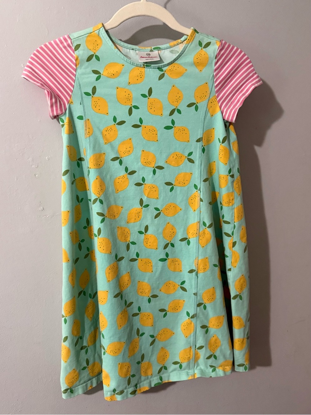 Hanna Andersson Girls Mint Lemon Print Dress with Pink Stripe Sleeves